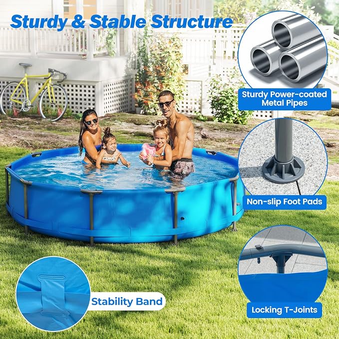 Goplus Above Ground Swimming Pool, 12' x 12' x 30'' Metal Frame Family Pool Set w/PVC Fabric, 3 Stoppers, Drainage Valve Connector, for Outdoor, Backyard, Garden, Patio (12' Round, 1617 Gal, Blue)