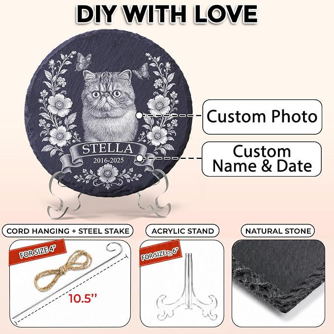 Personalized Pet Memorial Garden Stone for Dogs Cats - Dog Photo Memorial Natural Stone with Garden Stake, Condolences Sympathy Gift for Dog Lovers, Pet Loss Gifts, Waterproof for Indoor & Outdoor