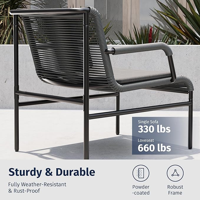 East Oak 4 Piece Patio Furniture Set, Outdoor Furniture with PE Wicker Rattan Chairs and Coffee Table, Modern Patio Conversation Set with Soft Pad for Garden, Backyard and Porch, Misty Grey