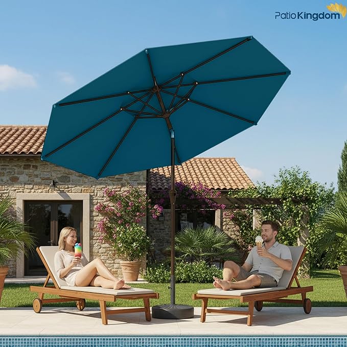 9FT Patio Umbrella 2-Tier Outdoor Market Table Umbrella with Push-Button Tilt & Crank | UPF 50+ & Waterproof for Backyard,Garden,Pool,Deck (Lake Blue)