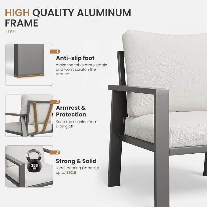 Outdoor Sofa Chair Aluminum Patio Couch Set of 2 All-Weather Patio Sofa Armchair Furniture Set Chairs with Beige Cushions