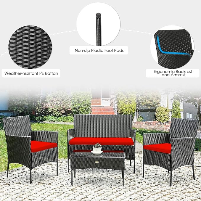 HAPPYGRILL 8 Piece Patio Furniture Set Rattan Wicker Conversation Set with Tempered Glass Top Table, Outdoor Wicker Sofa Set with Removable Cushions for Poolside Garden Backyard