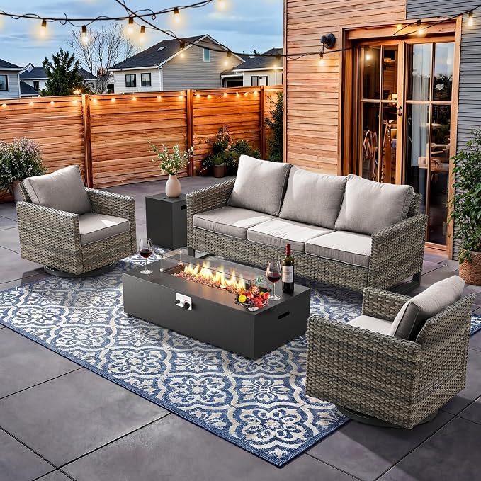 HUMMUH Patio Furniture Set with Fire Pit Table,5 Piece Wicker Outdoor Conversation Sets -Outdoor Swivel Rocker Chairs Patio Sofa for Porch,Garden,Backyard
