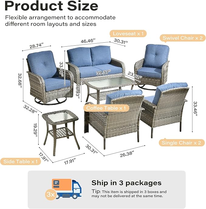 7 Pieces Patio Conversation Sets,Patio Furniture Set with Swivel Rocking Chairs,Coffee Table, Side Table, All Weather Rattan Wicker Outdoor Sectional Furniture Set for Porch Balcony Backyard Blue