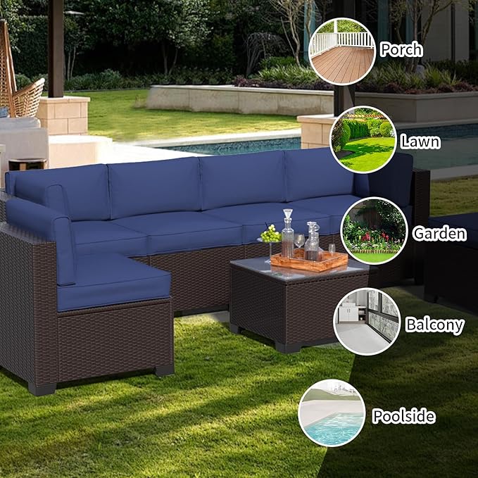 7 Piece Patio Furniture Set, Wicker Patio Conversation Sets, Outdoor Sectional Furniture with Tempered Glass Table, for Backyard, Deck, Garden, Dark Brown Rattan & Dark Blue Cushions