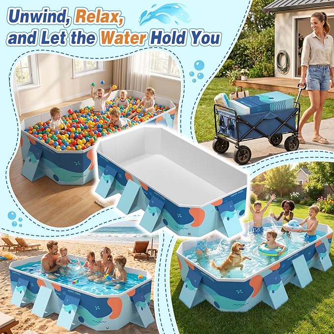 113" Foldable Pool for Adults & Kids, Large Capacity Non Inflatable Pool, Portable Hard-Side Foldable Swimming Pool, Above Ground Pool for Indoor Outdoor Backyard, Garden & Patio (Delft Blue)