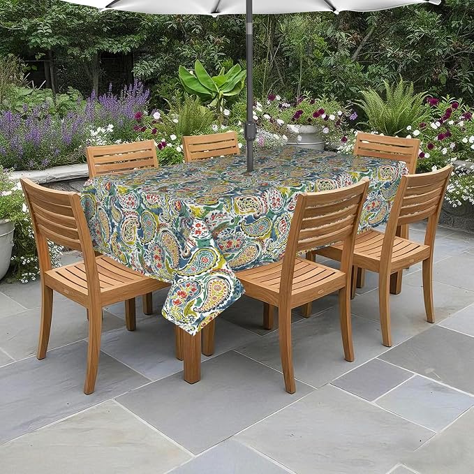 DYTXIII Outdoor Rectangle Tablecloth with Umbrella Hole and Zipper 84" x 60", Water Repellent Floral Picnic Cover, Fade & Wrinkle Resistant Tablecloth for Patio/Garden/Party Table, Paisley Paradise
