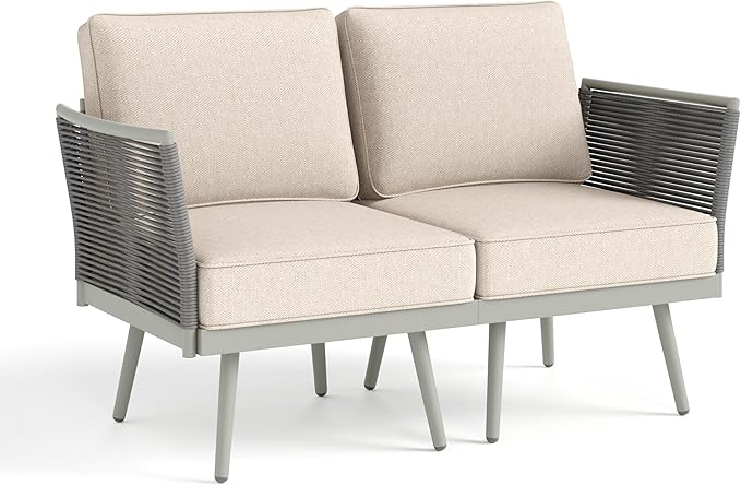 Sophia & William 2-Seat Patio Furniture Sectional Wicker Loveseat, Outdoor Love-seat with Classic Rope PE Rattan, All-Weather Sofa with Anti-Rust Frame and Olefin Cushions