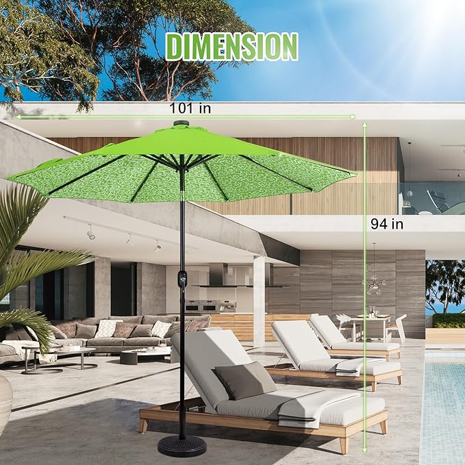 Backyard Expressions 9FT Solar Patio Umbrella with 32 LED Lights, UPF50+ UV Protection, Fade-Resistant Fabric, Easy Tilt & Crank, Outdoor Umbrella for Patio, Deck & Pool (Base Not Included)