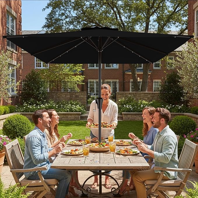 AreShark 8' X 10' Rectangular Patio Umbrella with Solar Lights, Lighted Solar Umbrella with Crank, Outdoor Table Umbrella for Garden, Deck, Backyard, Pool and Beach, Black