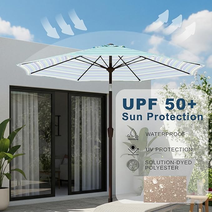 9ft Patio Umbrella with Push Button Tilt and Crank,Outdoor Market Table Umbrella UV Protection 8 Sturdy Ribs for Backyard,Garden,Pool,Deck(Blue Green Stripes)
