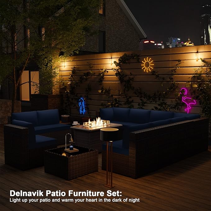 Patio Furniture Set with Fire Pit Table 13-Pieces Outdoor Sectional Furniture Outdoor Rattan Patio Conversation Sets with 43in Propane Gas Fire Pit Table and Glass Table, Navy Blue