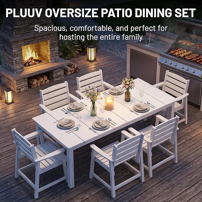 PLUUV Outdoor Dining Set for 8 Person, HDPE Large Table with Aluminum Legs and 8 Armless Chairs, All-Weather Patio Dining Furniture Set with Umbrella Hole for Backyard, Garden, White