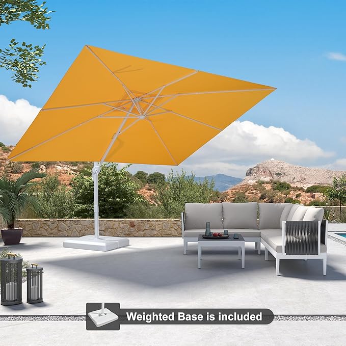 PURPLE LEAF 9' × 11.5' Patio Umbrella With Base White Cantilever Umbrella Square Outdoor Offset Umbrella Windproof with 360° Rotation for Garden Deck Pool, Yellow