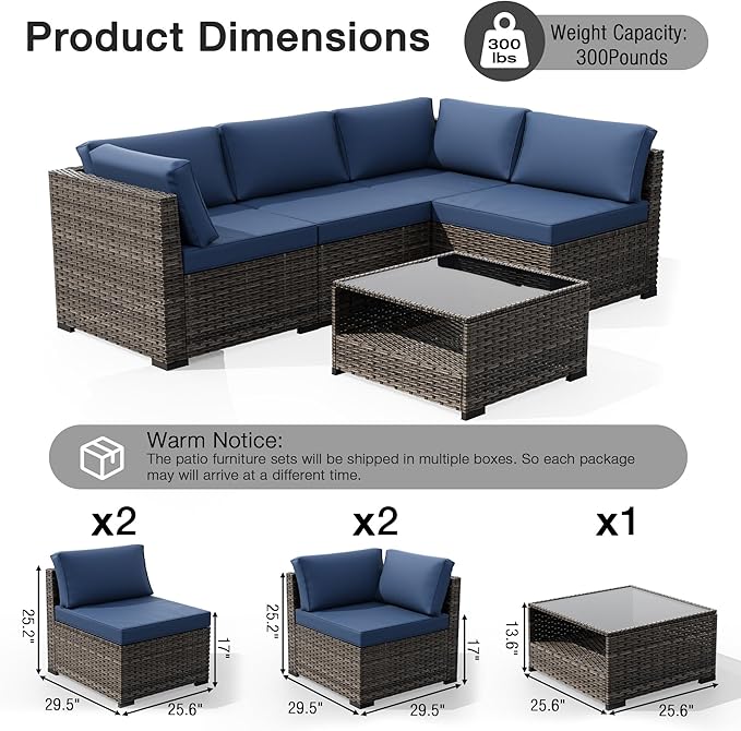 Joyside 5-Piece Patio Furniture Set, Rattan Outdoor Sectional Wicker Patio Conversation Set with Cushions and Coffee Table