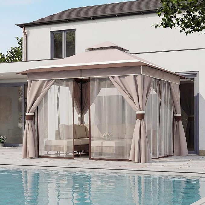 LAUSAINT HOME 10'x10' Outdoor Gazebo, Metal Frame Heavy Duty Patio Canopy Tent Shelter with Double Roofs, Mosquito Nettings and Privacy Screens for Backyard, Garden, Lawn, Classic Khaki