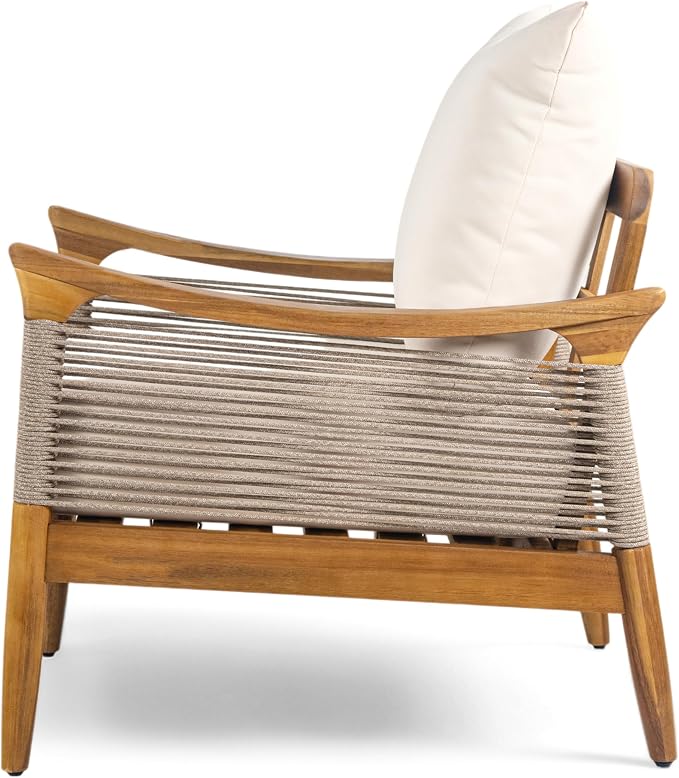 Merax 2-Piece Acacia Wood Patio Loveseat Set with Coffee Table | Teak-Finish Acacia Frame, Beige Woven Rope, 6-Inch Cushions And Arc Coffee Table For Porch, Garden, Backyard Or Balcony