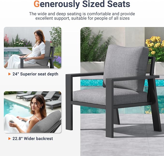 UDPATIO Aluminum Outdoor Patio Furniture Set 5 Pieces Metal Conversation Sets 7 Seat Sectional Sofa Modern Seating Set with Coffee Table for Outdoor Garden Backyard, Dark Grey