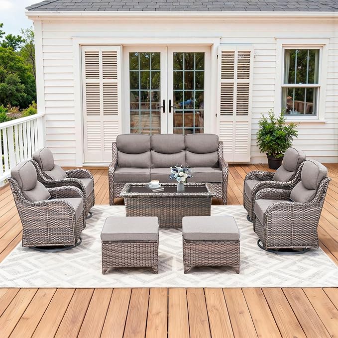 Luxury High Back Patio Furniture Set with 6-Inch Thick Cushions, 8-Pieces Outdoor Furniture with Swivel Chairs, Wicker Conversation Set for Porch, Balcony, Deck and Yard, Brown/Grey