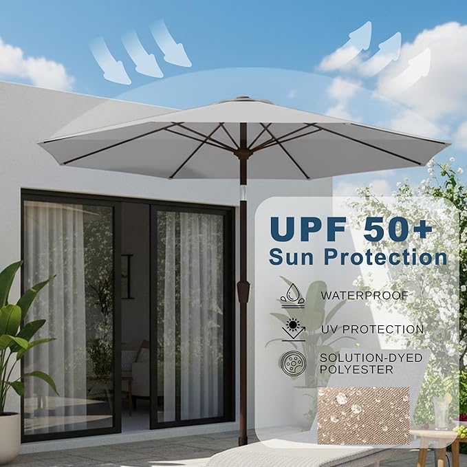 9ft Patio Umbrella with Push Button Tilt and Crank,Outdoor Market Table Umbrella UV Protection 8 Sturdy Ribs for Backyard,Garden,Pool,Deck(Light Gray)