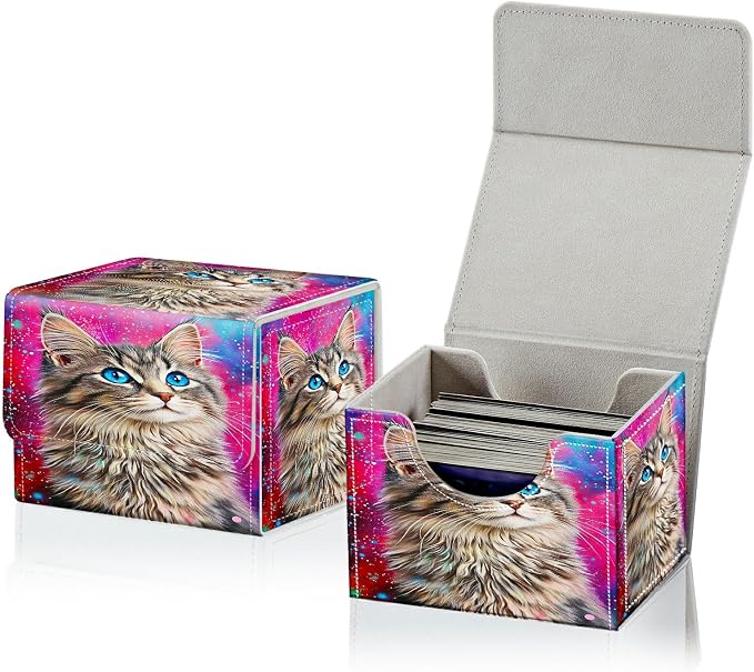 Card Deck Box for MTG, Cards Storage Box Fits 120+ Sleeved, Leather Small Size Strong Magnetic Closing Card Case for Board Games Magic TCG CCG Baseball Collection, Cute Blue Eyed Cat