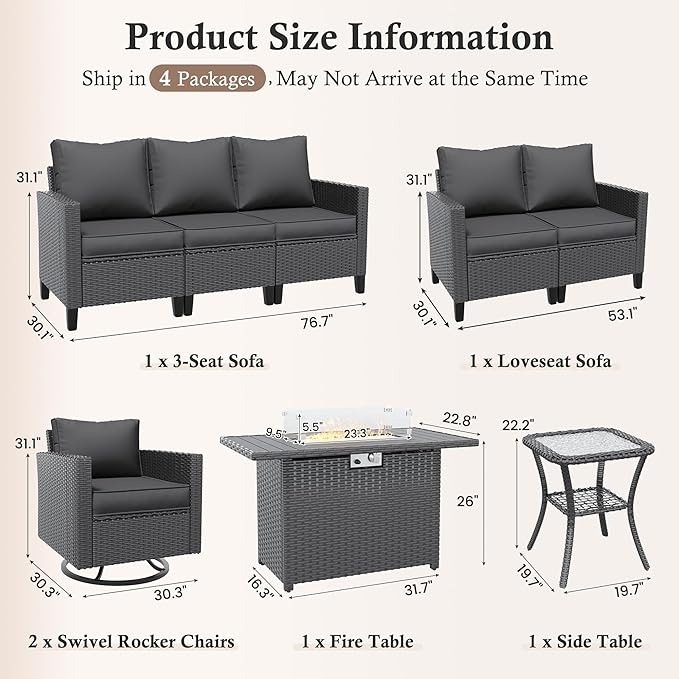 Amopatio Patio Furniture Set, 6-Piece Wicker Outdoor Sectional Sofa with Swivel Rocker Chairs, Rattan Conversation Set with Fire Pit Table and Waterproof Cover for Backyard Black/Dark Grey