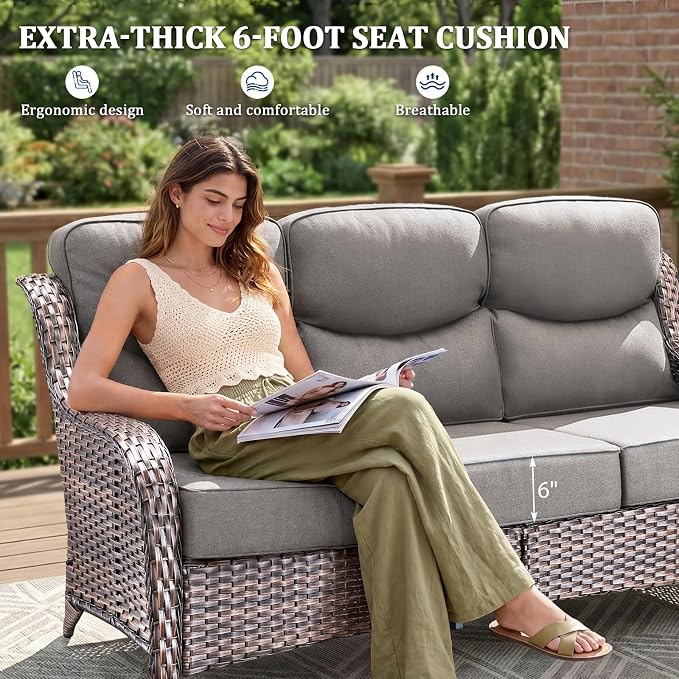 Luxury Swivel Rocker Chairs Fire Pit Set with 6" Thick Cushion 8 piece Wicker Outdoor Patio Chair with Sofa and Side Table,Comfortable High Back Outdoor Patio Furniture Set - Brown | Gery
