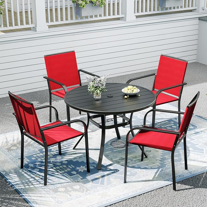 Outdoor Dining Table with 4-Piece Stackable Chairs,41" Round Patio Table with Adjustable Umbrella Hole,Stable Patio Dining Set for Home or Outside