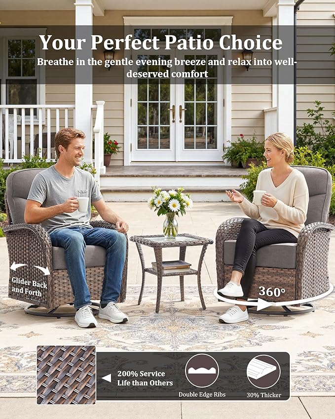 12-Piece Luxury Patio Furniture Set with 6-inch Thick Cushion,Outdoor Wicker Sofa Couch Set of 2 & Swivel Rocker Chairs, Conversation Set for Poolside, Deck & Yard - Gray
