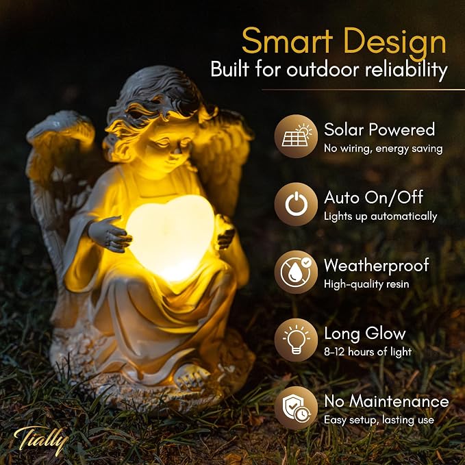 Solar Angel Garden Statue with Heart, 8" Guardian Memorial Outdoor Light | Glowing Lighted Heart, Bright Every Night, Weatherproof Resin Built to Last - a Sympathy Garden Gift for Women, Mom and Dad