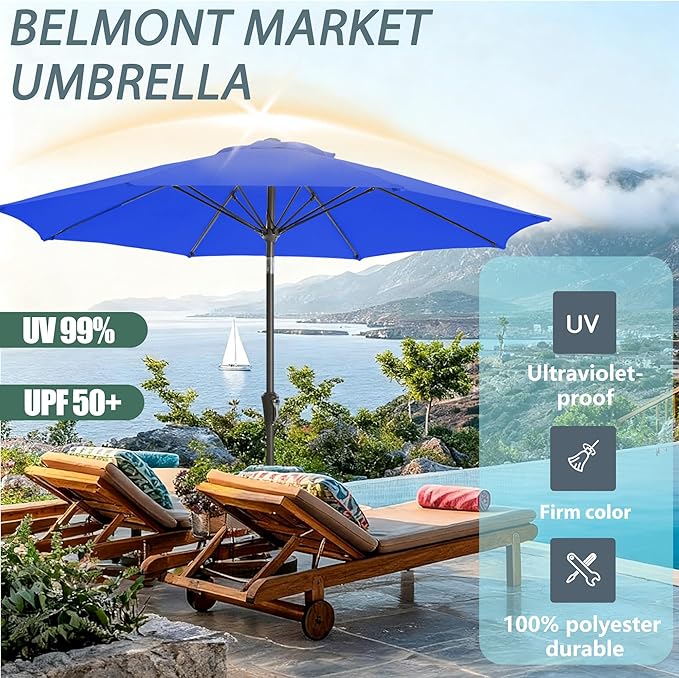 9FT Outdoor Patio Umbrella Outdoor pool Umbrella with Push Button Tilt and Crank, Market Umbrella 8 Sturdy Ribs UV Protection for Garden, Deck, Backyard (Royal Blue)