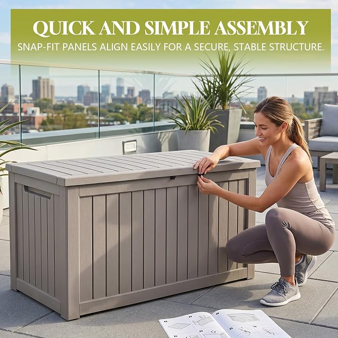 Waterproof Outdoor Storage Box Outside Deck Box Lockable Resin Bench UV Resistant Furniture Cushion Pool Tool Float Bin Patio Garden Porch (Grey, 325 Gallon)