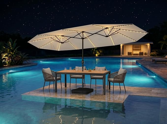 PURPLE LEAF 15ft Patio Market Umbrella with Solar LED and Base Double-Sided Rectangle Outdoor Table Sun Umbrellas with Crank for Pool Beach Deck Backyard Cream