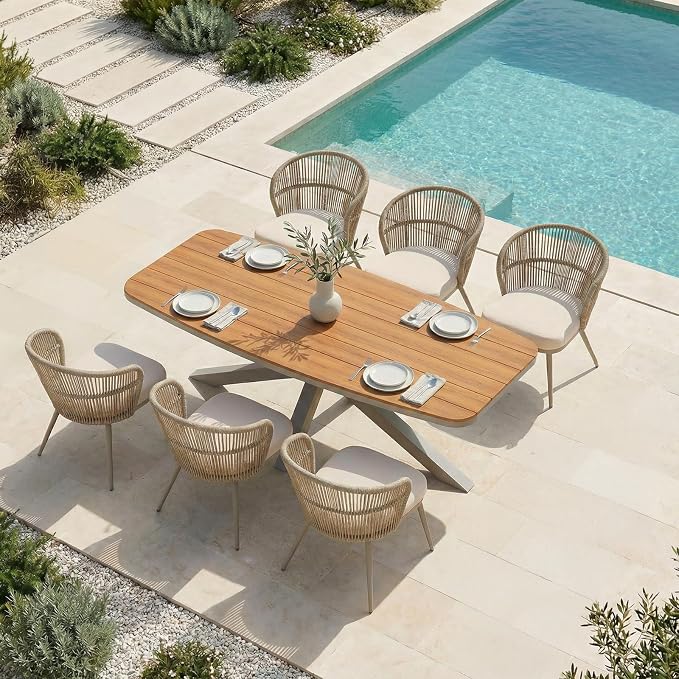 SUNSITT 7 Piece Outdoor Patio Dining Set, Patio Dining Furniture Set with 87” Aluminum Dining Table w/X Base Legs and 6 Woven Wicker Outdoor Patio Chairs w/Removable Cushions for Garden, Beige