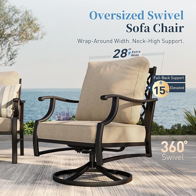 SUNSHINE VALLEY Patio Furniture Set with Firepit Table, 5 Piece Metal Outdoor Patio Furniture set for 4, 4 Swivel Chairs with 5.75" Extra Thick Cushion and Gas Firepit Table for Backyard Poolside Deck