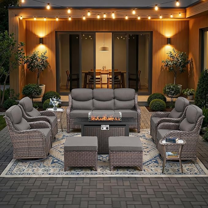 HUMMUH 10 Pieces Outdoor Furniture Set with Fire Pit 6-inch Cushions High Back Patio Furniture Set Wicker Swivel Rocker Chairs Sofa for Porch,Deck,Backyard
