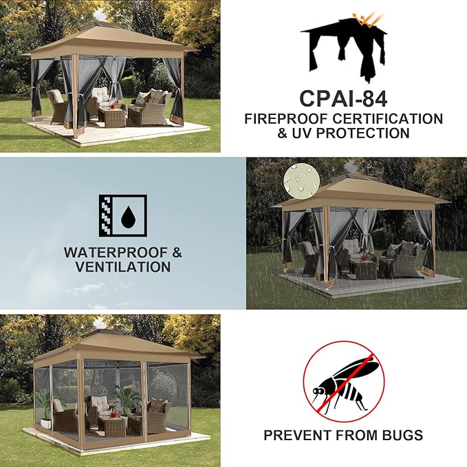 COBIZI 12x12 FT Pop up Gazebo on Clearance Canopy Tent, Carpas para Patio, Easy up Outdoor Canopy Tents with Portable Storage Bag for Backyard, Outdoor Waterproof Gazebos for Garden,Camping, Brown