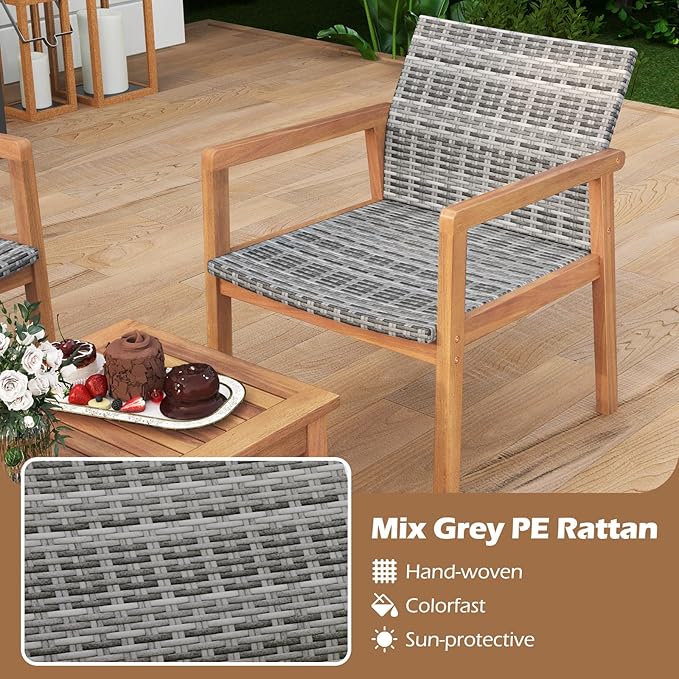 HAPPYGRILL 4-Piece Patio Furniture Set, PE Rattan Patio Bistro Set with Loveseat, Single Chairs & Coffee Table, Outdoor Acacia Wood Conversation Set for Garden, Backyard, Poolside & Porch
