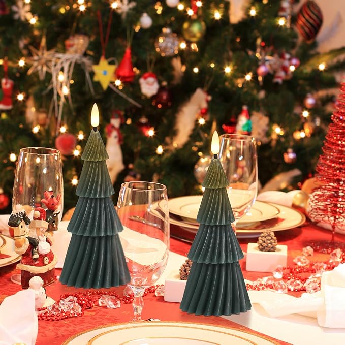 Wondise Christmas Tree Flameless Candles with 6hrs Timer, Real Wax Battery Operated 3D Wick LED Candles Flameless Flickering Candles for Christmas Holiday Decor (2 pcs 3" x 7.1")
