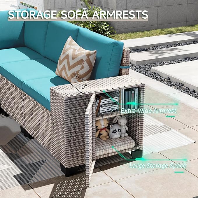 6-Piece Outdoor Patio Furniture Set, Modular Sectional Sofa Set with Glass Coffee Table and Cushions, Wicker Outdoor Couch Conversation Sets, Turquoise