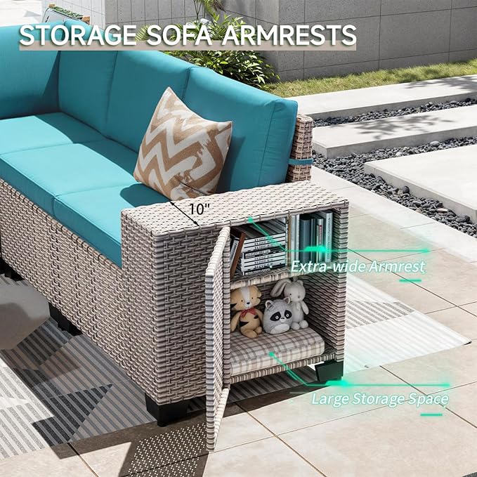 13-Piece Outdoor Patio Furniture Set with Fire Pit, Modular Sectional Sofa Set with Glass Coffee Table and Cushions, Wicker Outdoor Couch Conversation Sets, Turquoise