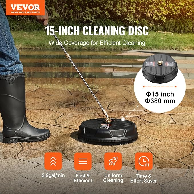 VEVOR 15 Inch Pressure Washer Surface Cleaner, 4000 PSI Universal Power Washer Accessory with 2 Extension Wands and 1/4 Inch Quick Connect, Concrete Cleaner for Driveway, Patio, Floor Cleaning