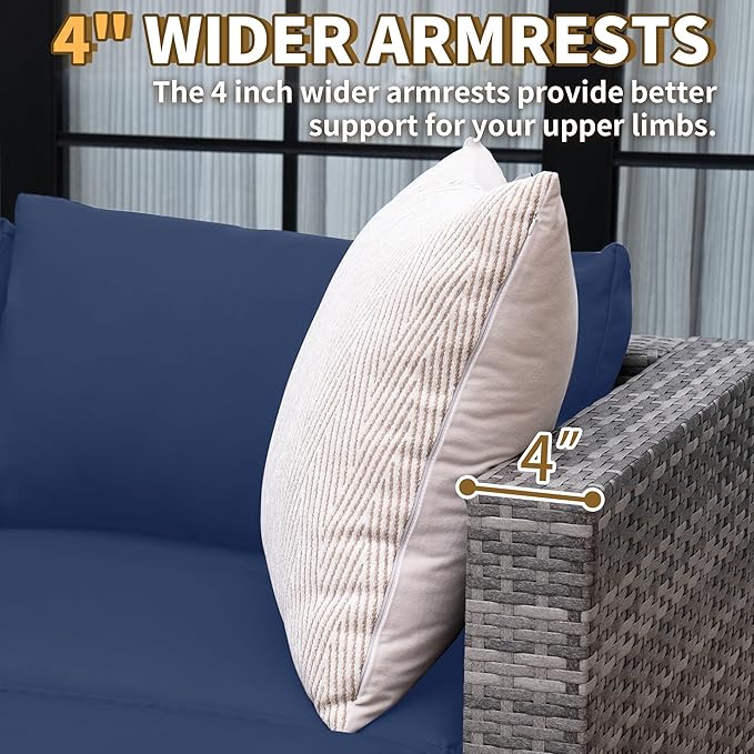 UDPATIO 5 Piece Patio Furniture Set, All-Weather Wicker Outdoor Sectional Sofa, L Shaped Outdoor Conversation Couch with Ottoman, Glass Table for Balcony Porch Backyard, Blue
