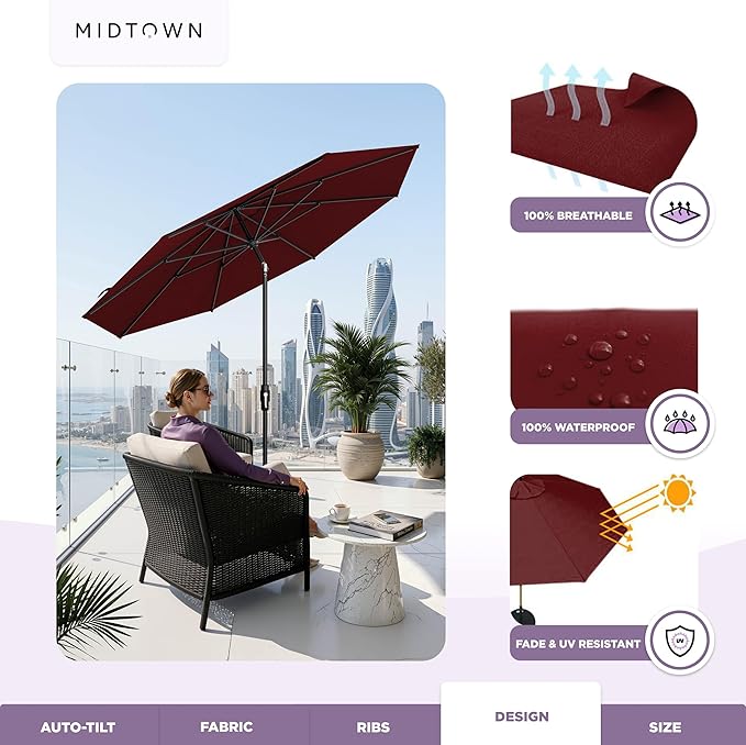 Midtown Umbrellas – The Swilt 10 Ft Patio Umbrella with 360° Swivel & Tilt Mechanism, Sunbrella Fabric & 8 Fiberglass Ribs – Outdoor Umbrella for Deck, Pool & Cafes – Burgundy Canopy, Black Pole