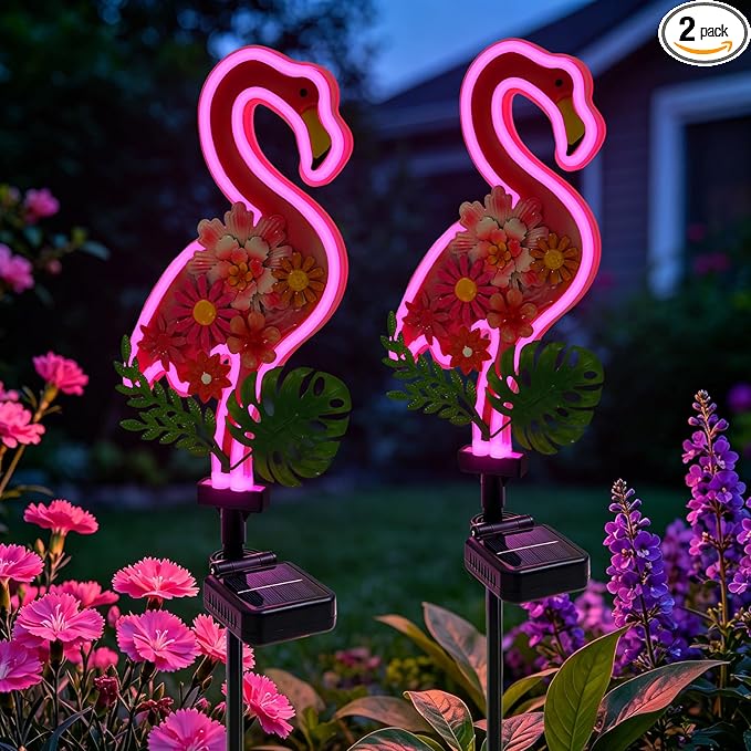ANGMLN 2Pack Flower Flamingo Solar Lights Outdoor Decor, Pink Neon Solar Flamingos Outdoor for Yard, Flamingo Gifts for Mothers Day Mom Women Path Light for Lawn Patio Walkway Decor