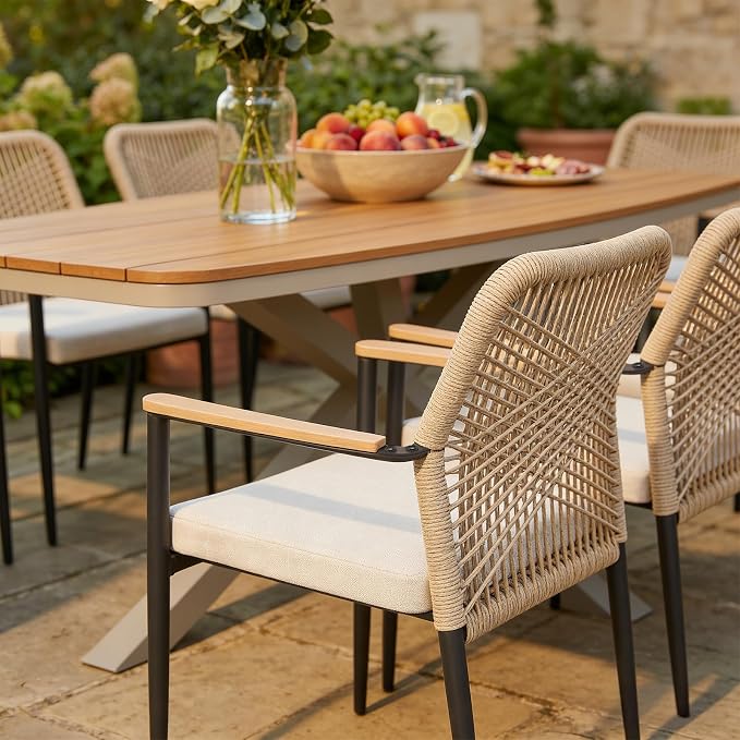 SUNSITT 7 Piece Outdoor Patio Dining Set, Patio Dining Furniture Set with 87” Aluminum Dining Table w/X Base Legs and 6 Woven Wicker Patio Chairs w/WPC Armrests for Garden, Flaxen