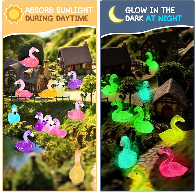 64pcs Luminous Large Mini Resin Flamingo Ducks 8 Colors Glow in The Dark Tiny Small Little Resin Flamingo to Hide Plastic Animal Figures for Micro Fairy Garden Landscape Dollhouse Aquarium Decorations
