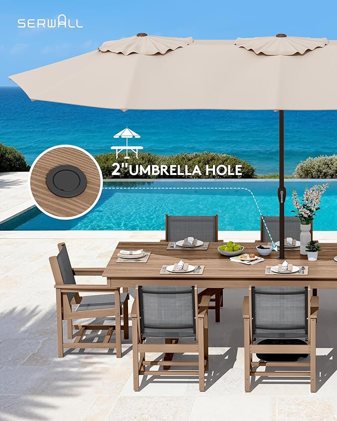 SERWALL 9 Piece Outdoor Dining Set, 84" HDPE Outdoor Large Table and Textilene Sling Chairs for 8，All Weather Patio Dining Furniture Set with Umbrella Hole for Backyard, Garden, Brown