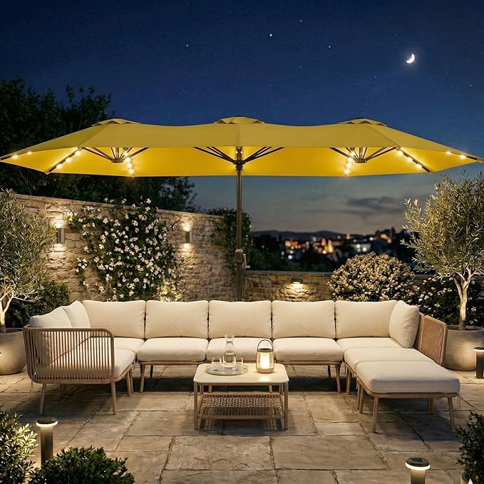 15FT Large Outdoor Patio Umbrella with Solar Lights and Base, Double-Sided Table Umbrellas with 48 LED Lights, Rectangle Market Umbrella for Pool, Deck, Backyard
