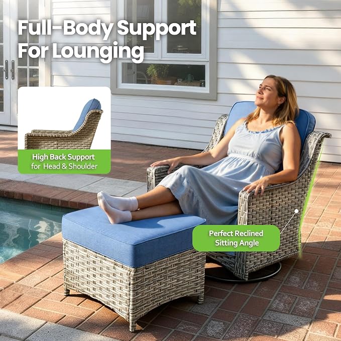 6 Piece Patio Furniture Set with Fire Pit Table, Conversation Sets with High Back Swivel Rocker Chairs, Outdoor Wicker Sofa Loveseat with Comfy Cushion for Backyard Deck Garden, Sapphire Blue
